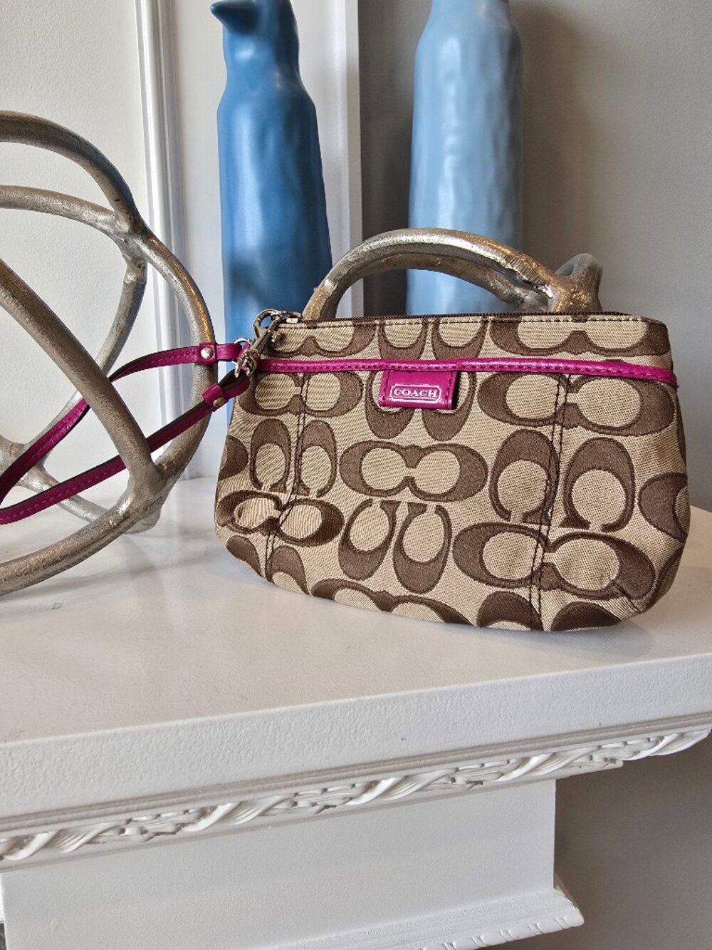 Coach wristlet, brown and beige with purple leather trim